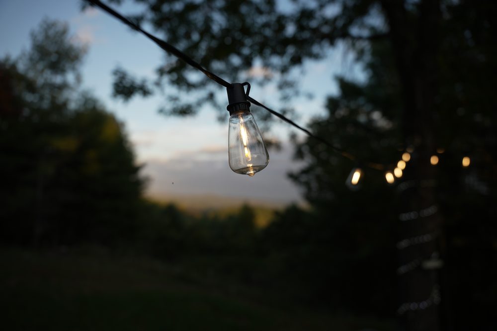 String lights at dusk Goodwins Peak